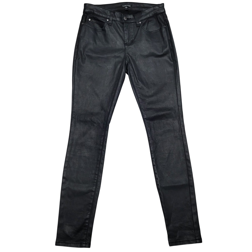 Eileen Fisher Black Coated Waxed Skinny Pants Sheen Organic Cotton Size 2 USA